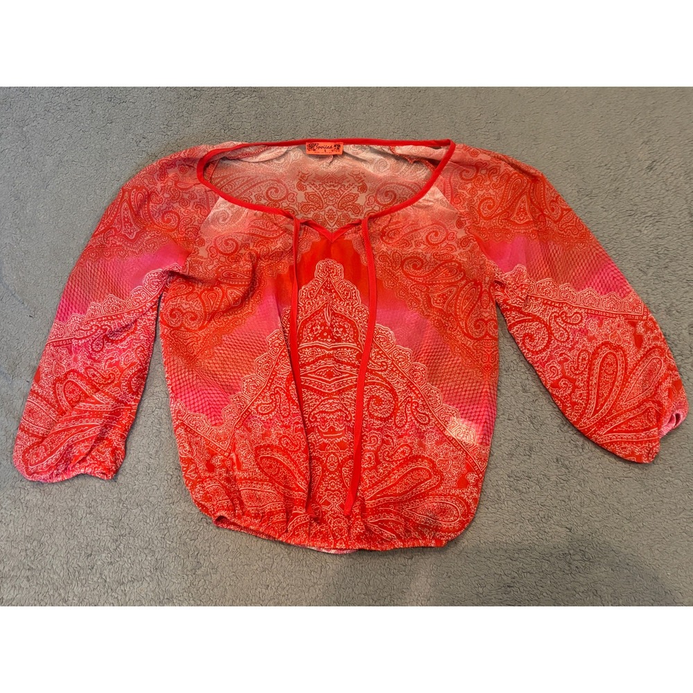 Spoiled Womens Red Pink Paisley Ombre Blouse 3/4 Sleeve Elastic Hem Small